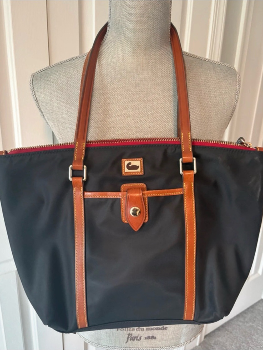 Dooney & Bourke Black Nylon Tote with Tan Leather Trim and Red Zip